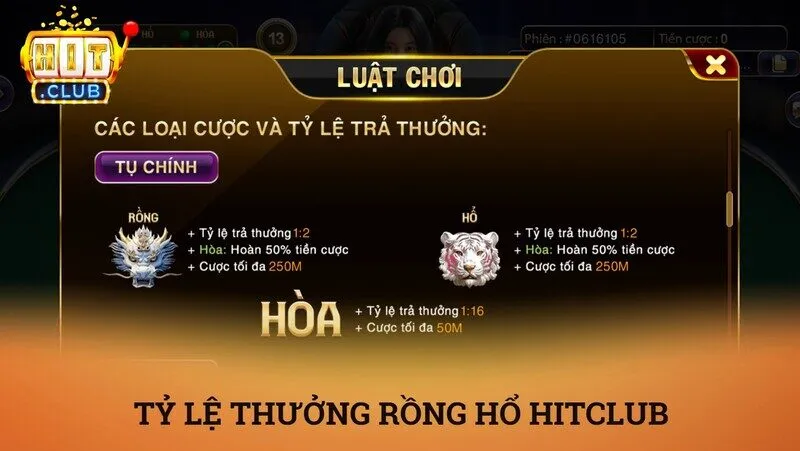 Bảng tra cứu các cửa cược và tỷ lệ thưởng Rồng Hổ Hitclub